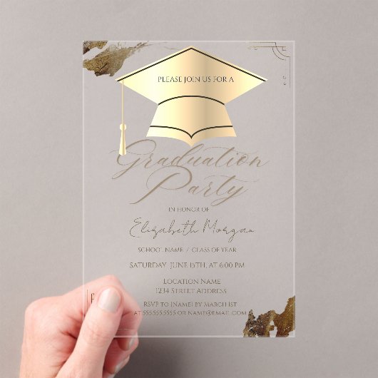 Gold Graduation Cap Frame Gold Brush Stroke Blue アクリル招待状 (インサイチュ (ポータブル))
