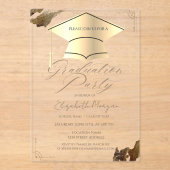 Gold Graduation Cap Frame Gold Brush Stroke Blue アクリル招待状 (正面)