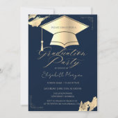 Gold Graduation Cap Frame Gold Brush Stroke Blue 招待状 (正面)