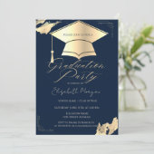 Gold Graduation Cap Frame Gold Brush Stroke Blue 招待状 (スタンド正面)