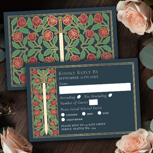 Gold Gray Medieval Floral Sword Wedding RSVP