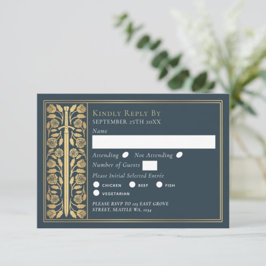 Gold Gray Medieval Sword Wedding RSVP (スタンド正面)