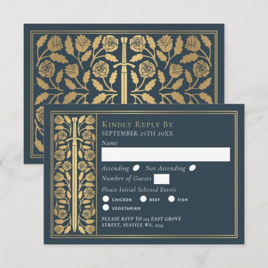 Gold Gray Medieval Sword Wedding RSVP (正面/裏面)