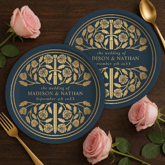 Gold Gray Royal Medieval Sword Wedding  ペーパープレート