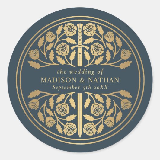 Gold Gray Royal Medieval Sword Wedding  ラウンドシール (正面)