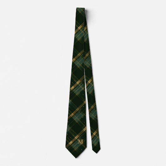 Gold Green Christmas Plaid Monogram Neck Tie ネクタイ (正面)