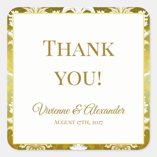 Gold Green Damask Wedding スクエアシール (正面)