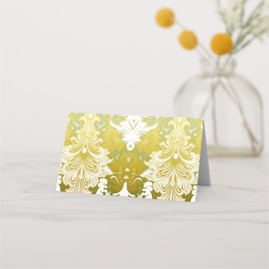 Gold Green Damask Wedding プレイスカード (裏面)