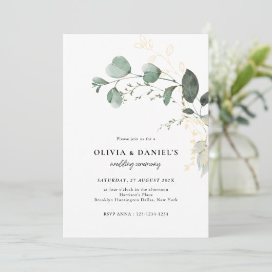 Gold & Green Eucalyptus Minimalist Wedding 招待状 (スタンド正面)