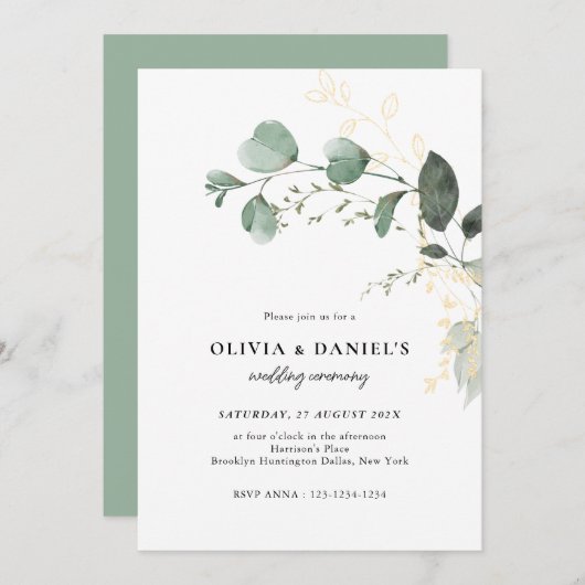 Gold & Green Eucalyptus Minimalist Wedding 招待状 (正面/裏面)