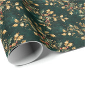 Gold & Green Holly Christmas Pattern ラッピングペーパー (ロールコーナー)