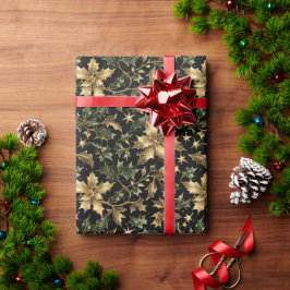Gold & Green Leaves Wrapping Paper on Dark Back ラッピングペーパー