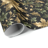 Gold & Green Leaves Wrapping Paper on Dark Back ラッピングペーパー (ロールコーナー)