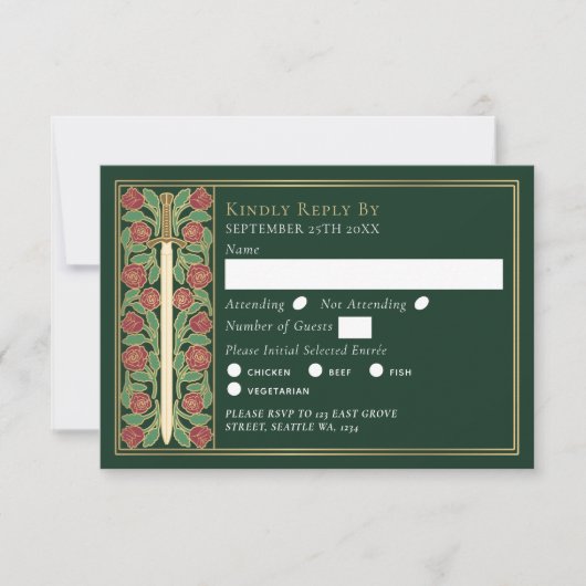 Gold Green Medieval Floral Sword Wedding RSVP (正面)