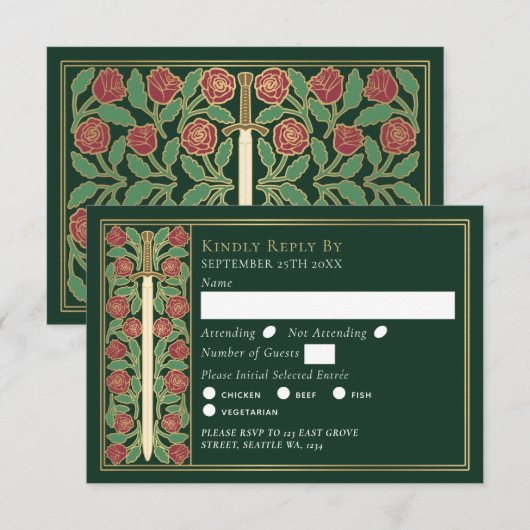 Gold Green Medieval Floral Sword Wedding RSVP (正面/裏面)
