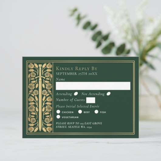 Gold Green Medieval Sword Wedding RSVP (スタンド正面)