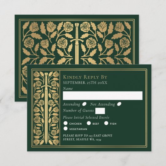 Gold Green Medieval Sword Wedding RSVP (正面/裏面)