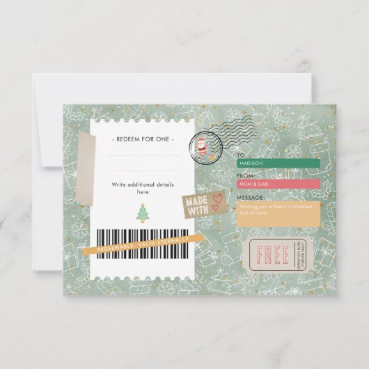 Gold Green Pattern Christmas Ticket Gift Voucher (正面)