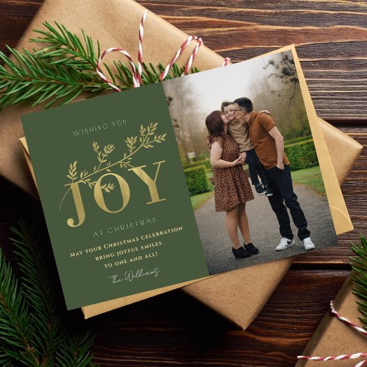 Gold & Green Typography Family Christmas Photo シーズンカード