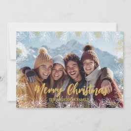 Gold Green White Modern Botanical Photo Christmas シーズンカード