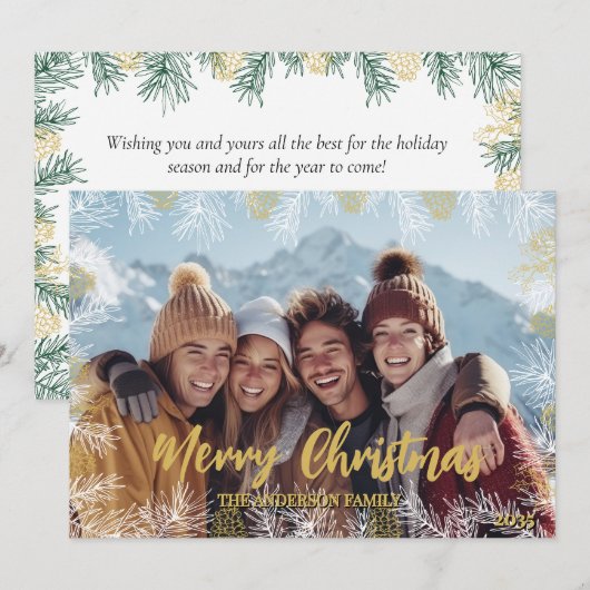 Gold Green White Modern Botanical Photo Christmas シーズンカード (正面/裏面)