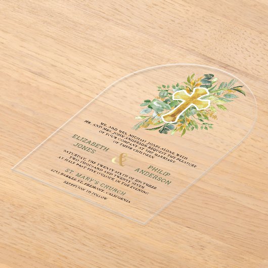 Gold Greenery Catholic Wedding アクリル招待状 (レイダウン)