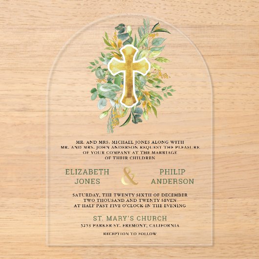 Gold Greenery Catholic Wedding アクリル招待状 (正面)