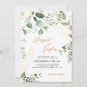 Gold Greenery Eucalyptus Photo Monogram Wedding  招待状 (正面)