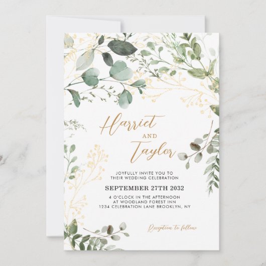 Gold Greenery Eucalyptus Photo Monogram Wedding  招待状 (正面)