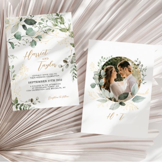 Gold Greenery Eucalyptus Photo Monogram Wedding  招待状
