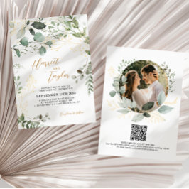 Gold Greenery Eucalyptus Photo QR Code Wedding  招待状