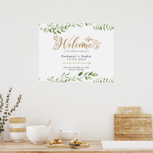 Gold Greenery Left Directional Wedding Welcome ポスター (キッチン)