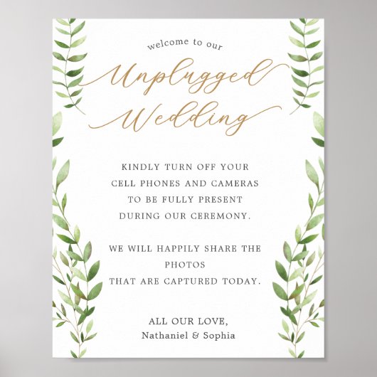 Gold Greenery Unplugged Wedding Sign ポスター (正面)
