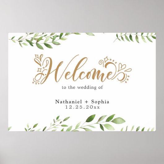 Gold Greenery Watercolor Wedding Welcome Sign ポスター (正面)