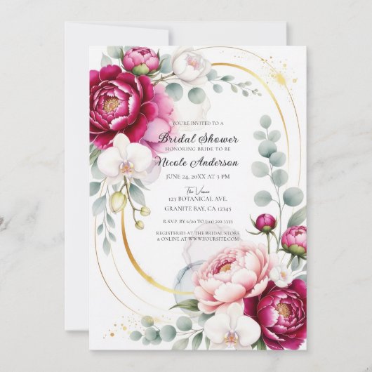 Gold Halo Garden Peonies & Orchids Bridal Shower 招待状 (正面)