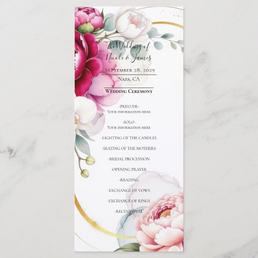 Gold Halo Garden Peonies & Orchids Wedding Program メニュー (正面)
