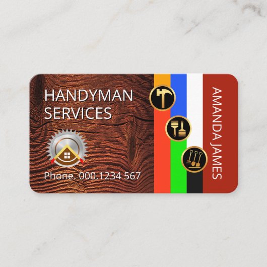 Gold Handyman Icons On Stripes Timber 名刺 (正面)