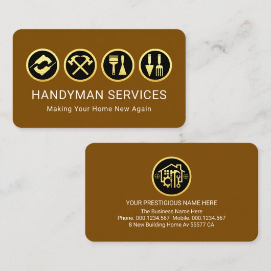 Gold Handyman Tools On Brown Layer 名刺 (正面/裏面)