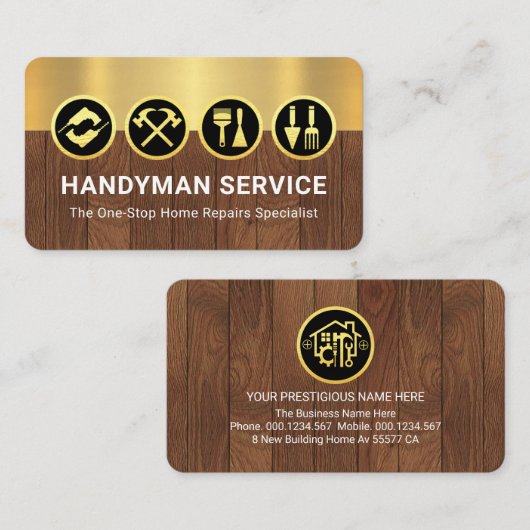 Gold Handyman Tools On Gold Timber Layers 名刺 (正面/裏面)