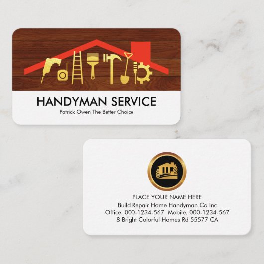 Gold Handyman Tools On Rooftop Wood Panel 名刺 (正面/裏面)