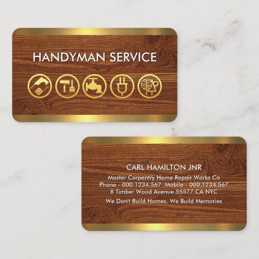 Gold Handyman Tools On Timber Wood 名刺 (正面/裏面)