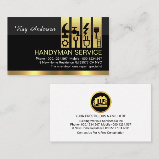 Gold Handyman Tools Tab Building Construction 名刺 (正面/裏面)
