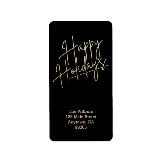 Gold Happy Holidays Black Return Address ラベル (正面)