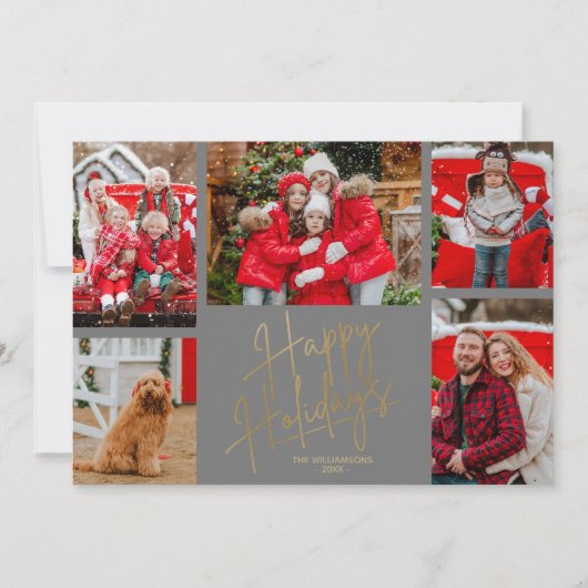 Gold Happy Holidays Five Photos Grey シーズンカード (正面)