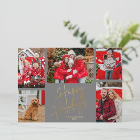 Gold Happy Holidays Five Photos Grey シーズンカード (スタンド正面)