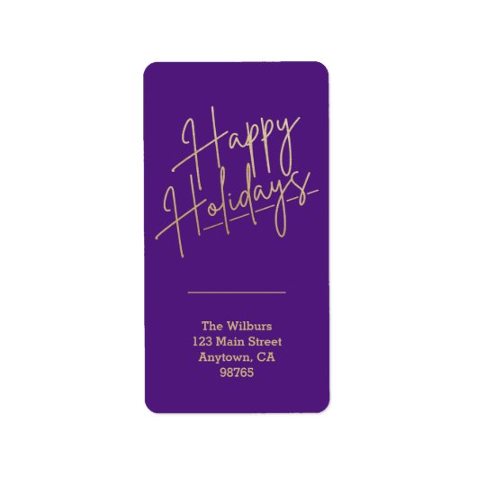 Gold Happy Holidays Purple Return Address ラベル (正面)