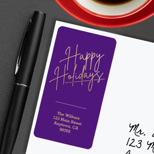Gold Happy Holidays Purple Return Address ラベル