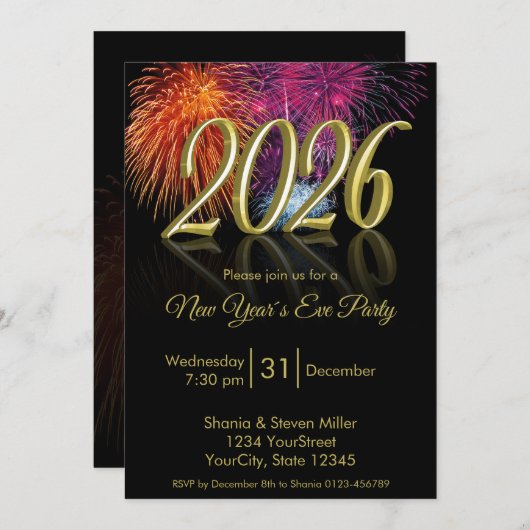 Gold Happy New Year 2026 Fireworks Invitation 招待状 (正面/裏面)