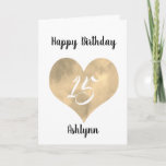 Gold Heart 15th Birthday カード<br><div class="desc">A personalized 15th birthday card that features a watercolor gold heart,  which you can personalize with the birthday recipient's age and name underneath the heart. The inside card message can also be easily personalized if you wanted. The back of this personalized birthday card reads the year and Happy Birthday.</div>