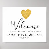 Gold Heart Happily Ever After Wedding Welcome Sign ポスター (正面)